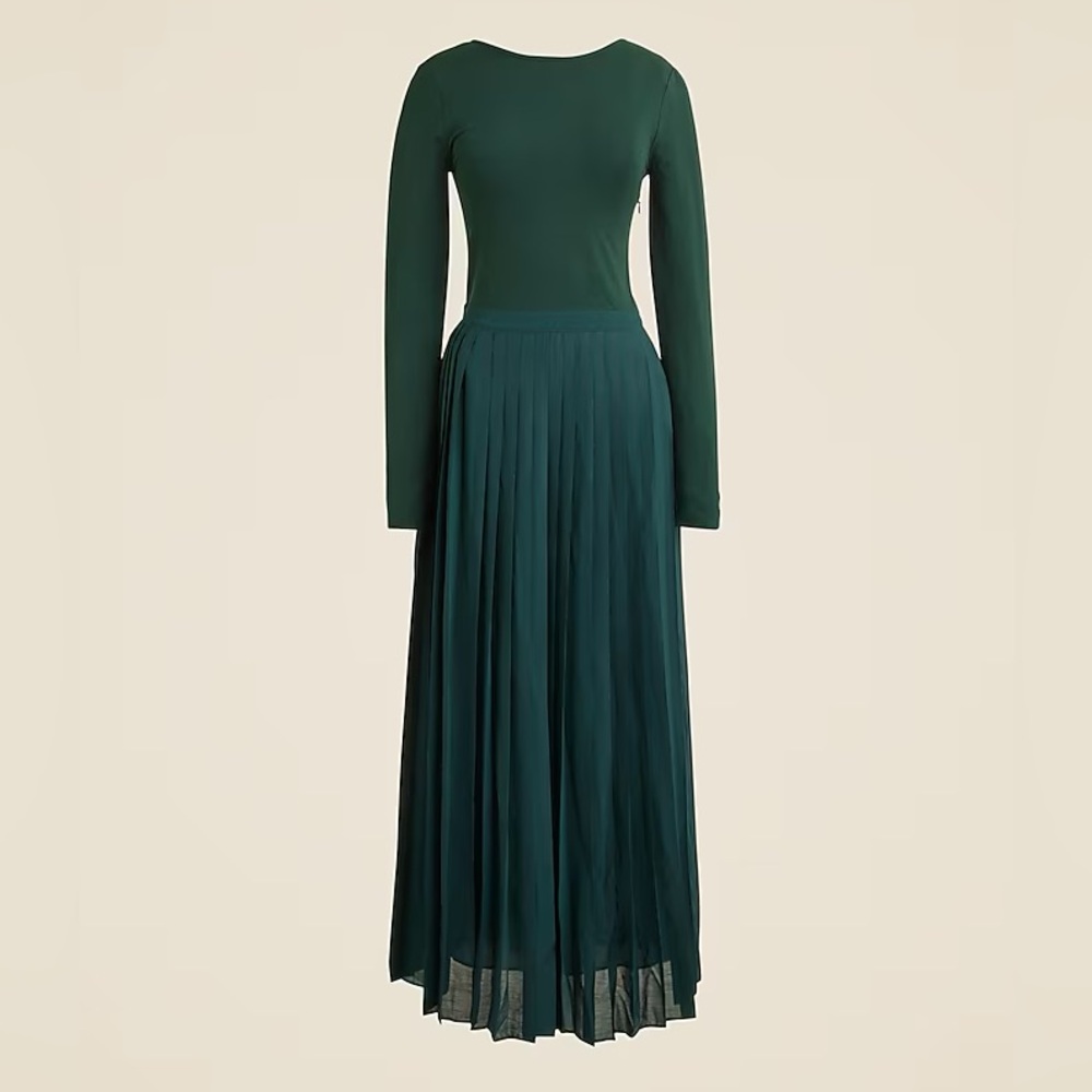 NWT J Crew Pleated ballet dress stretch cotton blend Dark Green long sleeve maxi